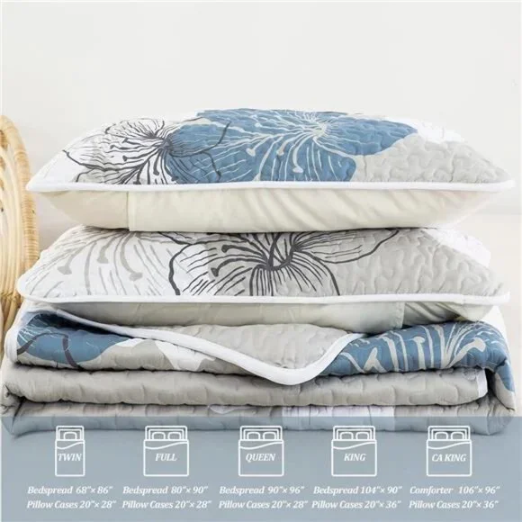 3 Pieces Quilt Set California King Blue Floral Pattern Quilt Coverlet - Picture 6 of 8